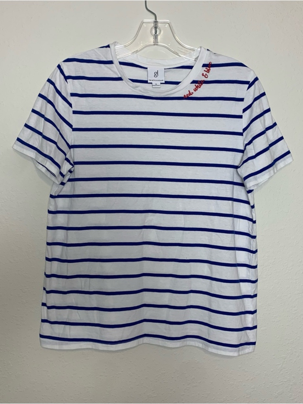 GL by Gibsonlook Blue White Striped Embroidered‎ Red White & Blue Tee Small